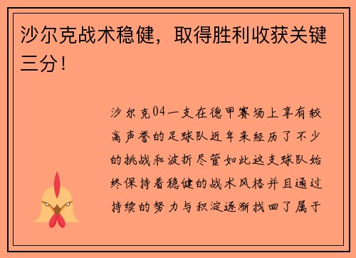 沙尔克战术稳健，取得胜利收获关键三分！